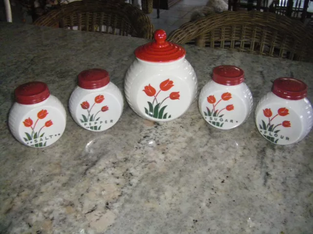 Hoosier TULIPS  Range Set - Salt  Pepper  Sugar  Flour Shakers + Grease Jar