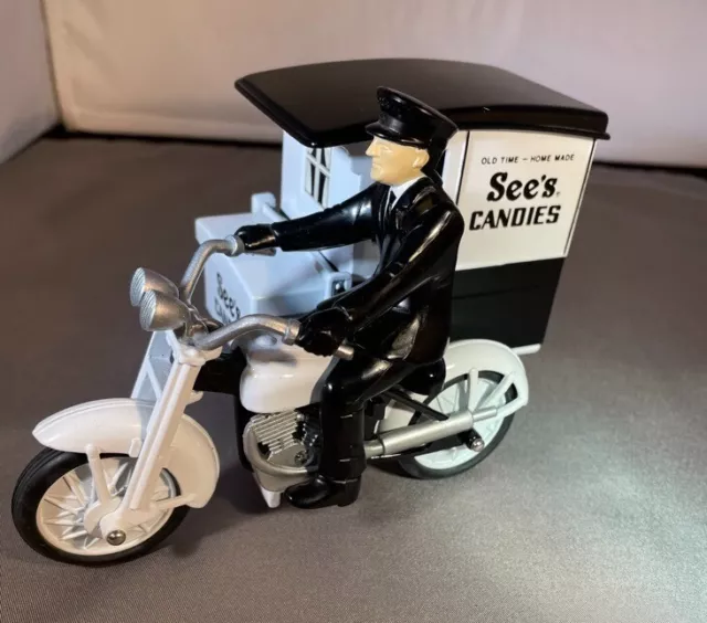 SEE'S CANDIES Vintage Die-cast Motorcycle Sidecar with Driver.  PRISTINE!!