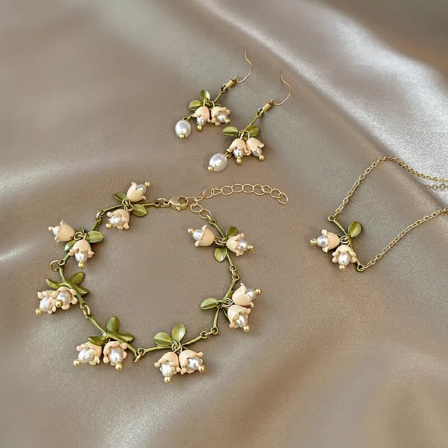 Fashion 925 Silver Pearl Leaf Flower Earring Bracelet Necklace Set Women Jewelry