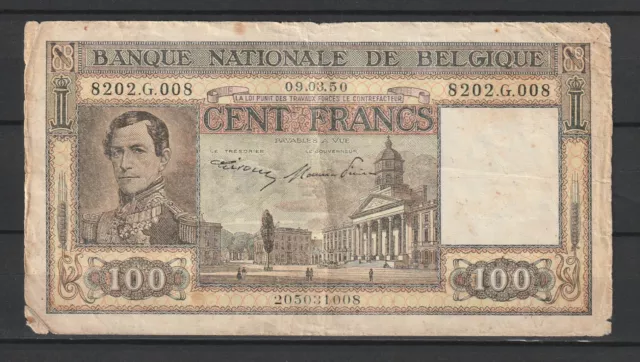 BELGIQUE - Billet de 100 Francs du 09/03/1950 - P. N° 126 trés usagé
