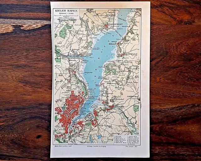 Alte Lithographie, Historischer Stadtplan von Kiel, ca.1920, Kieler Hafen,selten