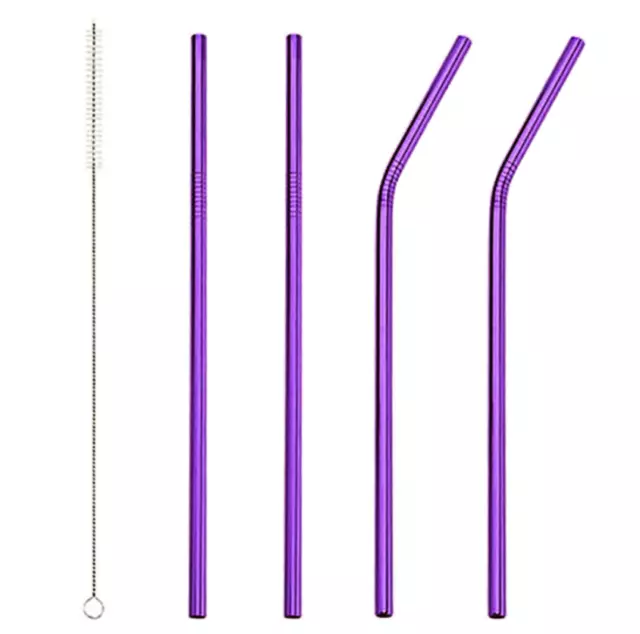 5pc Premium Stainless Steel Metal Purple Reusable Extra Long Straw Kit inc Brush