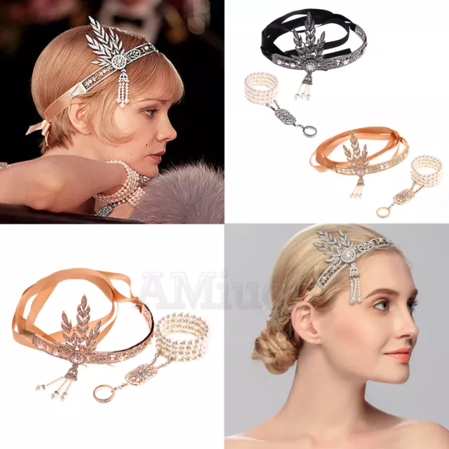 1920s Flapper Great Gatsby Accessories Hair Headpiece Headband Bracelet Ring Set