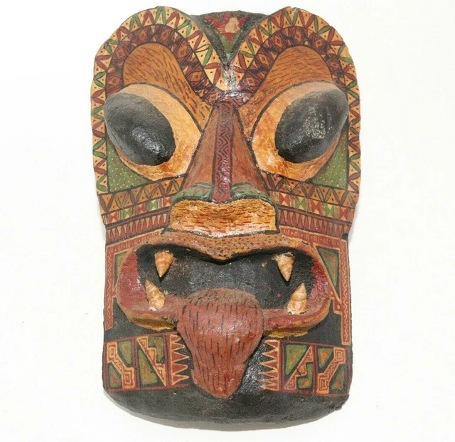Vintage Hand Carved Wooden African Mask Warrior Painted Devil Teeth Tongue 11"