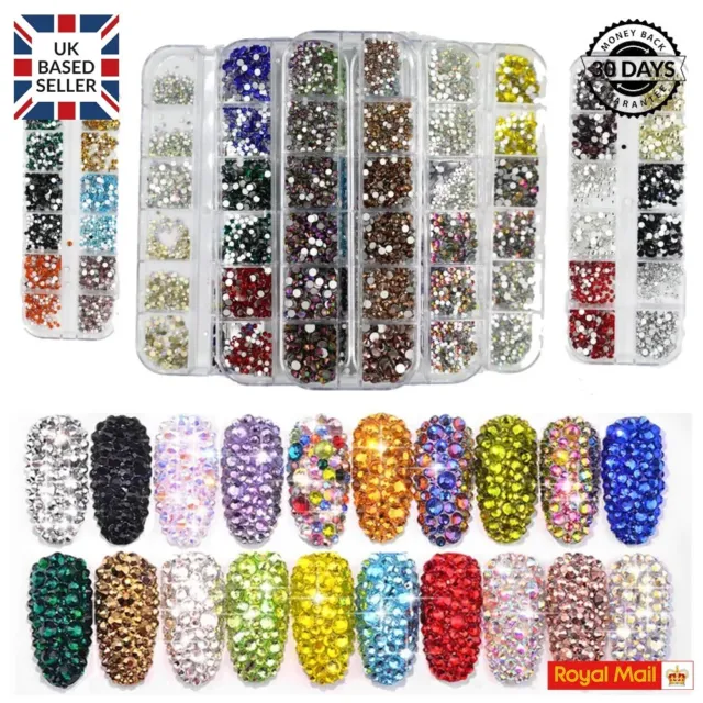 Nail art rhinestones box / 12 grid flatback crystal gems glitter stones mixed uk