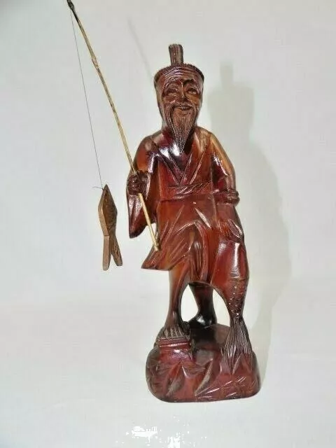 Vintage Carved Wood Oriental Chinese Fisherman with Fishing Pole and Fish 10"