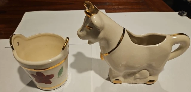 Vtg MCM Ceramic Cow Creamer & Sugar Bowl Floral & Gold Trim Rare