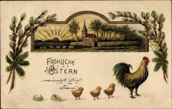 Präge Ak Glückwunsch Ostern, Hahn, Küken, Weidenkätzchen,... - 3089328