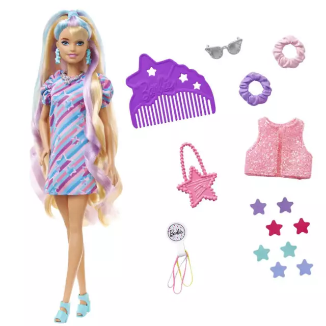 Mattel HCM88 Barbie Totally Hair Puppe im Sternenlook, 21,6 cm langes Fantasieha