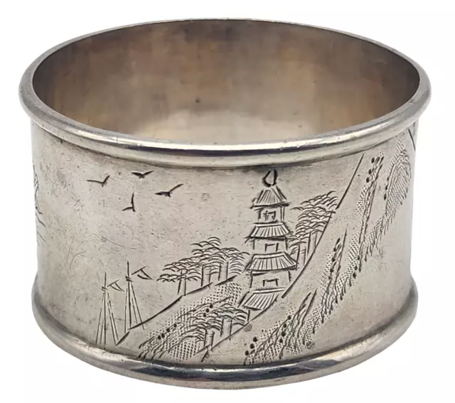 Vintage CHINESE Export Silver Etched Napkin Ring VILLAGE / BOATS