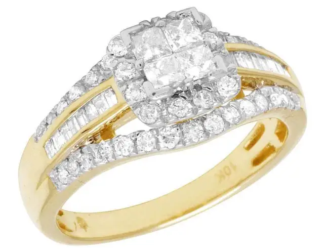 Ladies 10K Yellow Gold Genuine Diamond Princess Baguette Engagement Ring 1.0 CT