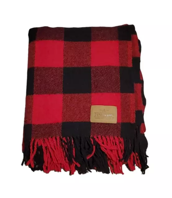 Pendleton Plaid Throw Blanket Pure Virgin Wool Red Black Fringe Size 57x51 READ