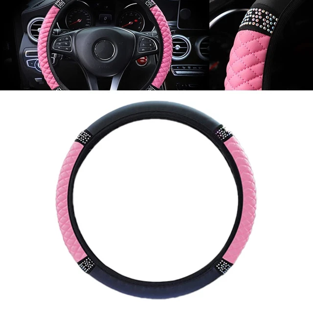Housse de volant diamant cuir PU rose protection pour roues 38 cm