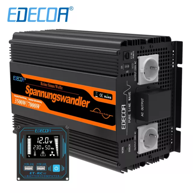 EDECOA Convertisseur 3500W 12V 220V Onde Pur Onduleur Inverter LCD VR