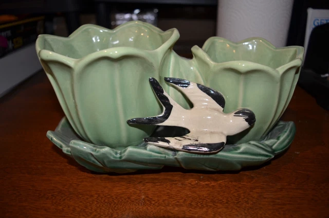 VINTAGE MCCOY POTTERY Double Planter Green Yellow Bird USA $18.79
