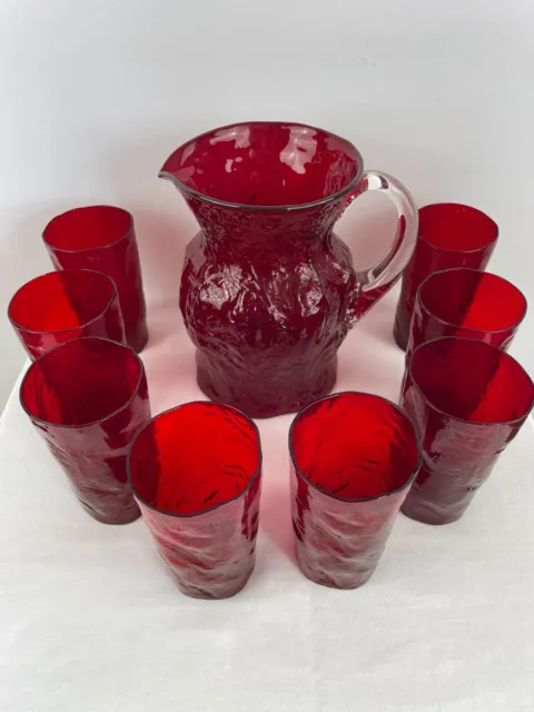 Morgantown Ruby Red Crinkle Glass 5" Tumblers and 8" Pitcher Set