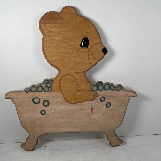 Vintage Nursery Bears Wood Teddy Bear Wall Hanging Plaque Baby Toddler Bathroom
