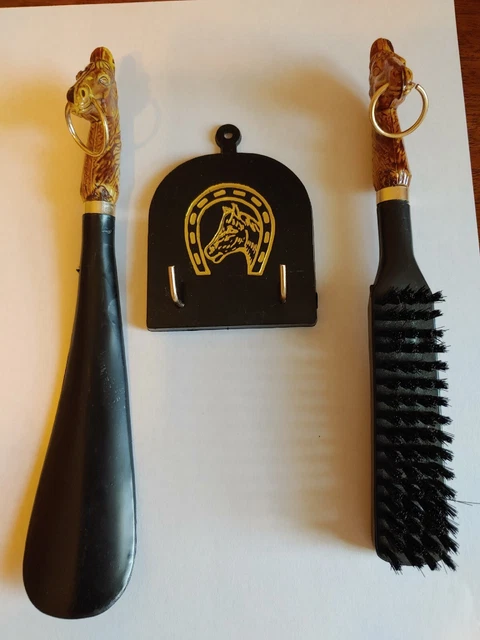 Vintage Horse Head Brush & Shoe Horn Set W/Wall Hanger,Original Box,READ