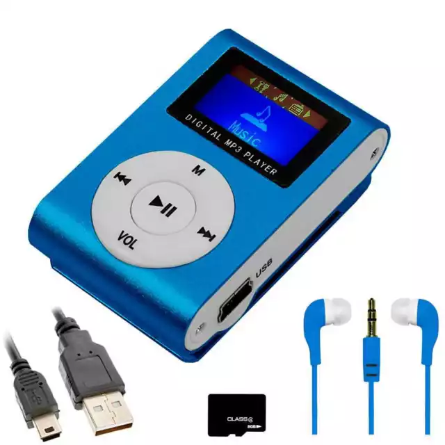 Riproduttore Musica MP3 Player+Cuffia+Cable Mini USB+Scheda Micro SD 8 GB Blu