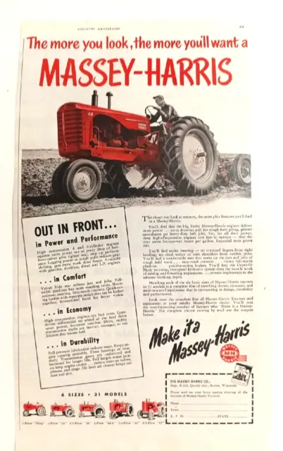 Vintage Massey-Harris Tractor Advertisement Pony-Plow 22-30-44-44-55 Easy Steer