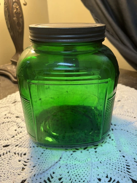 Hoosier Style Forest Green Square Glass Jar With Black Metal Lid