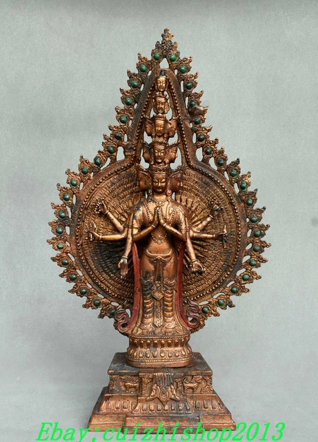 16" Old Tibetan Bronze Gilt Painting 1000 Arms Avalokiteshvara Buddha Statue