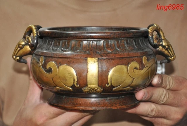 China Buddhism temple purple bronze Gilt animal sheep head Incense burner Censer