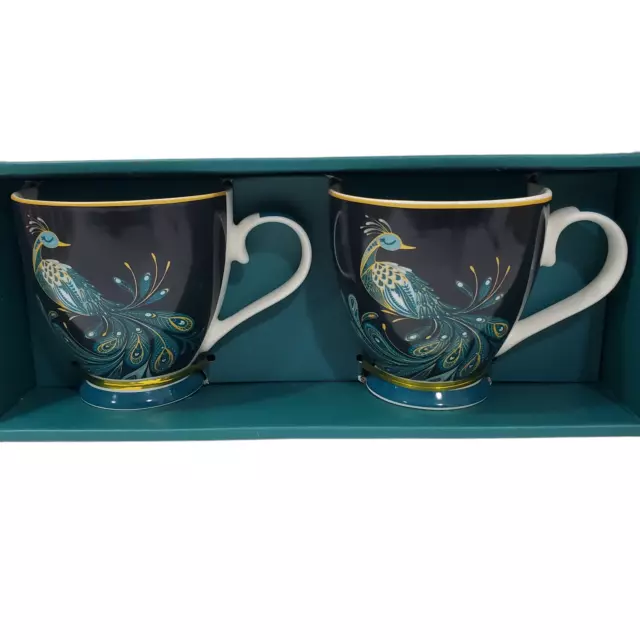 2 Piece Set The English Mug Company Peacock Coffee Mugs Cups Fine China Footed