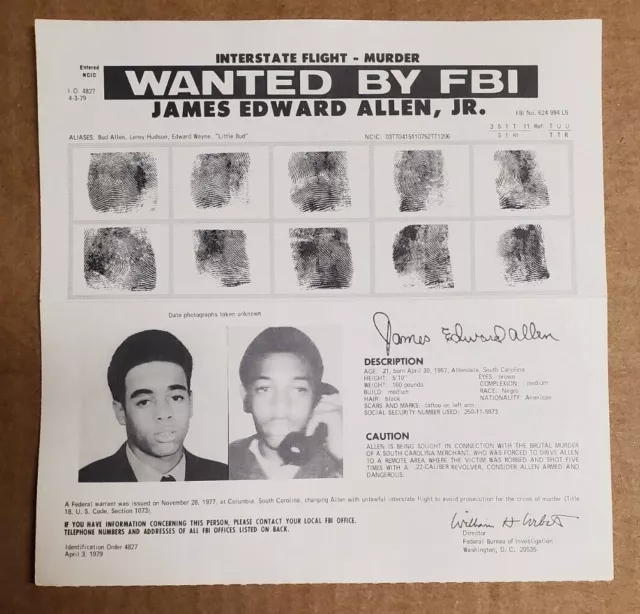 RARE VINTAGE 1979 FBI WANTED Poster-James Edward Allen Jr. (Murder) $7. ...