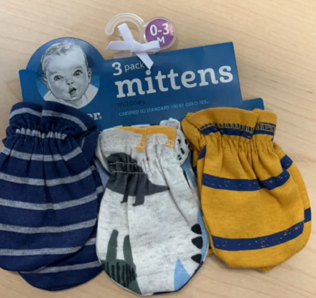 NWT Gerber Baby Mittens OEKO-TEX 0-3 Months 3 Pack