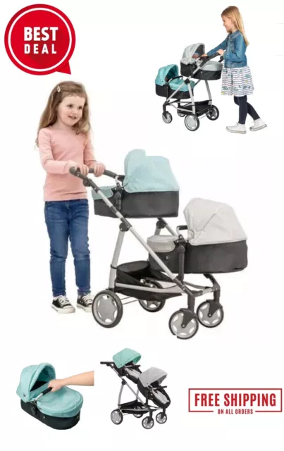 Deluxe Twin Dolls Pram Kids Girl's Play Toy Doll Pushchair Buggy Stroller NEW