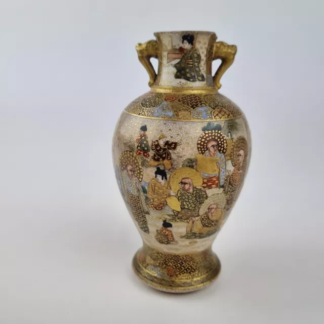 Antique Small Japanese Satsuma Vase Decorated With Figures Thousand Faces 11.5cm