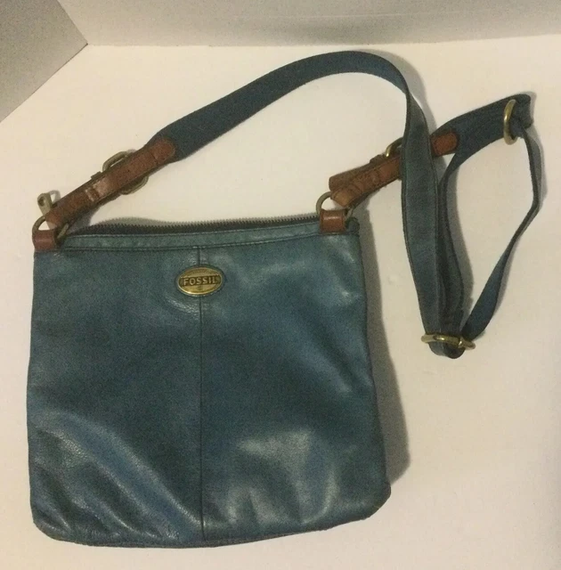 Fossil Explorer Crossbody Purse Bag Blue Leather Double Zip BOHO