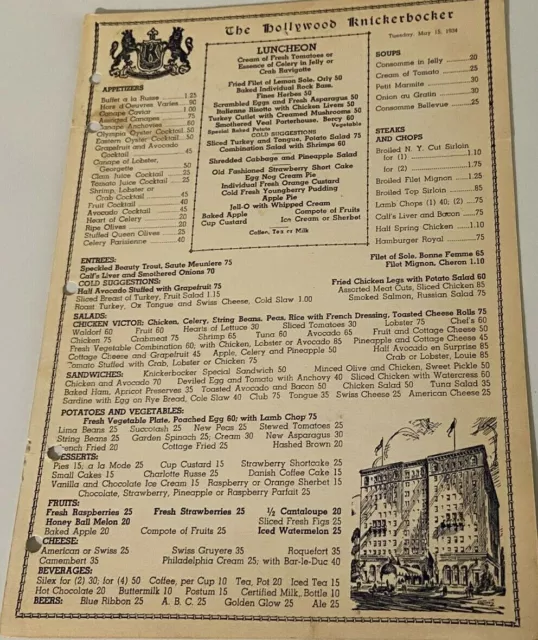 Original 1934 Hollywood Knickerbocker Lunch Menu