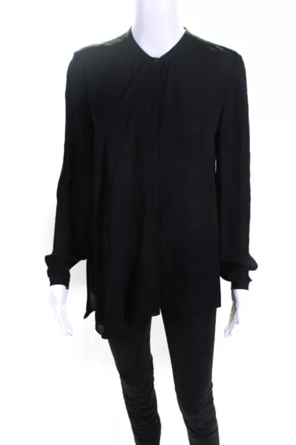 Elie Tahari Womens Vincenza Crew Neck Button Up Top Blouse Black Silk Size Small