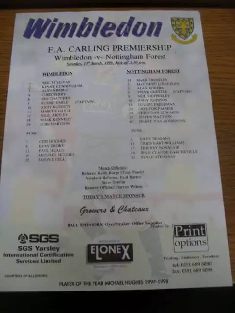 13/03/1999 Colour Teamsheet: Wimbledon v Nottingham Forest (folded, large tear a