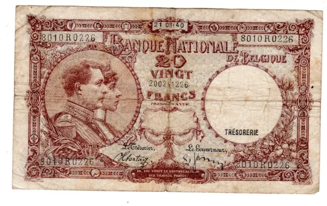 Belgique Belgium Billet 20 Francs 21/08/ 1940  P111 ROI & REINE BON ETAT