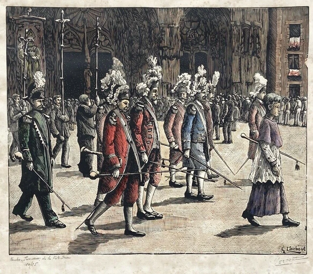 Engraving By Gustave Clerbout Nantes Procession Of The Feast God 10 Out Of 25 C3999