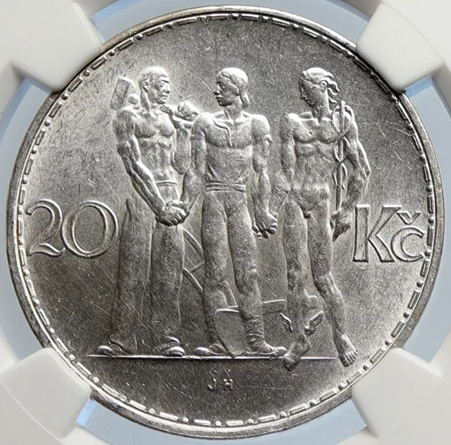 1933 CZECHOSLOVAKIA Industry Agriculture Old Silver 20 Korun Coin NGC i105758