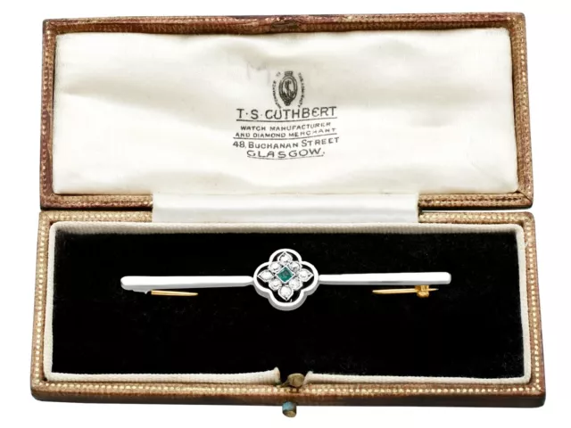 Diamond & Emerald, 9ct Yellow Gold & Platinum Bar Brooch - Antique