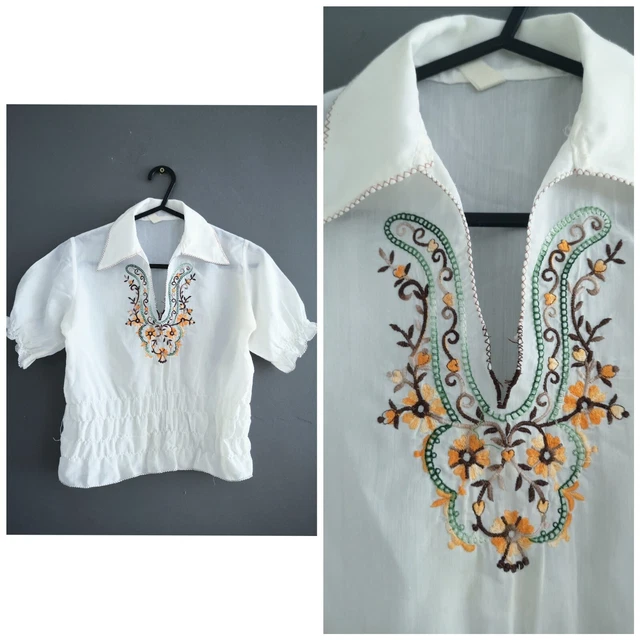Camicia zingara vintage anni 70 bambini policotone bianco ricamato età 10 11