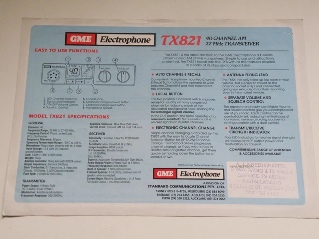 ORIG. SALES &INFO Sheet For Gme Electrophone Tx821 Am 40-Ch Cb Radio ...