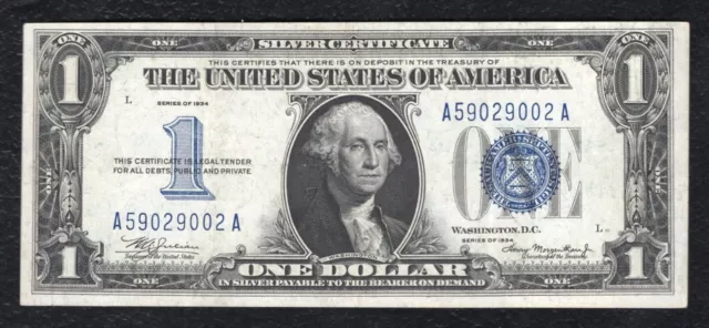 Fr. 1606 1934 $1 One Dollar “Funnyback” Silver Certificate About Uncirculated