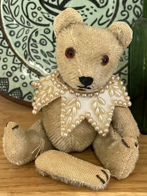 Small Miniature Vintage German Mohair Teddy Bear In Collar Needs TLC Restoration 3