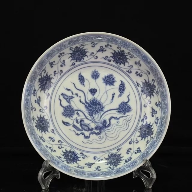 9.6"old China porcelain Ming Dynasty Xuande Blue and white Lotus pattern disc