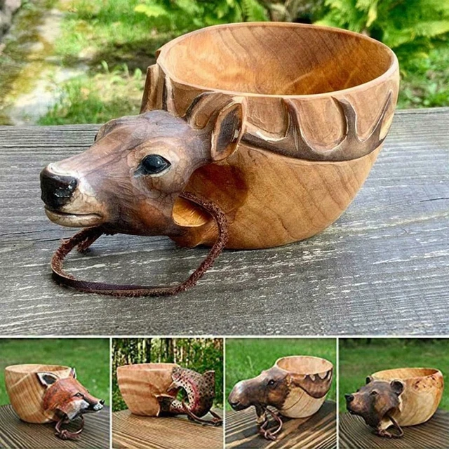 Animal Shape Hand Carved Cup Wooden Mug Camping Coffee Cup Gear UK