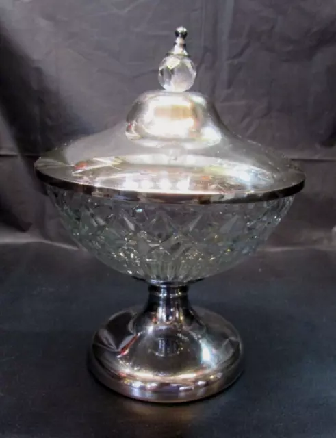 Vintage Presscut Clear Glass Compote Candy Dish w Silverplate Lid Pedestal Base