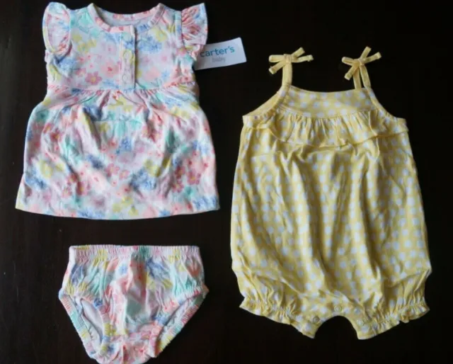 NWT 2 Outfits Baby Girl Carter's Polka Dot Romper & Floral Dress Set Sz 3 Mos