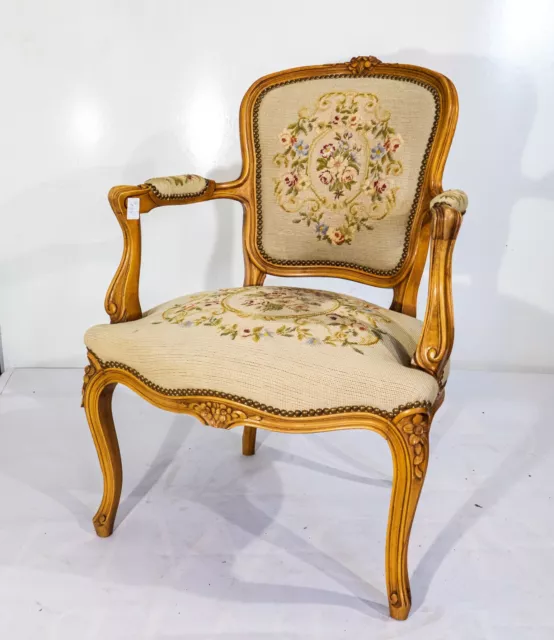 French Louis XV Carved Oak Mint Green Needlepoint Floral Armchair - (NWB134)