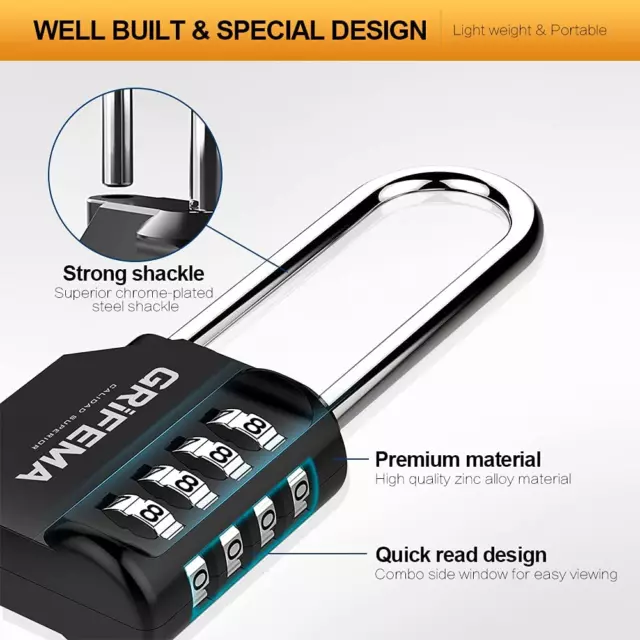 2 Pezzi Serratura a Combinazione 4 Cifre Arco Lungo Lucchetto Codice Numerico 3
